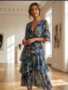 N.T Amati ,Floral Navy Tiered Dress.Made in Italy